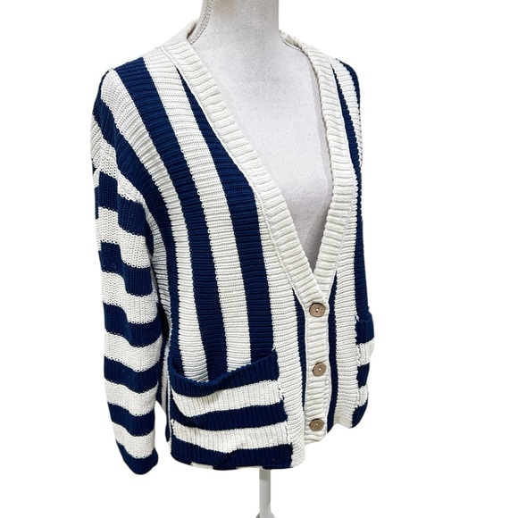 Free People navy Blue & Cream high Tide Striped Cardigan oversized cotton sz xs - Picture 7 of 14